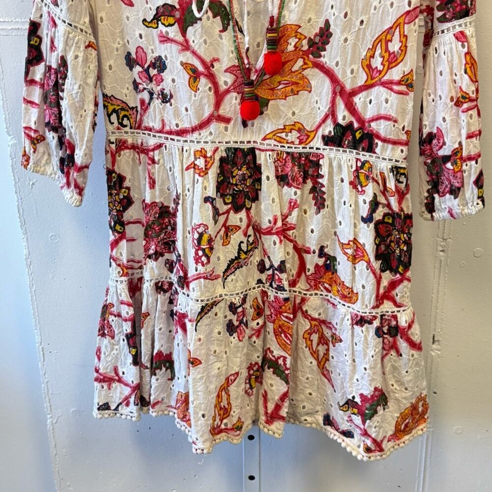 Gianni Bini 3/4 Sleeve Mini‎ Dress Babydoll Tassels Cotton Boho Floral Eyelet XS - Picture 5 of 16